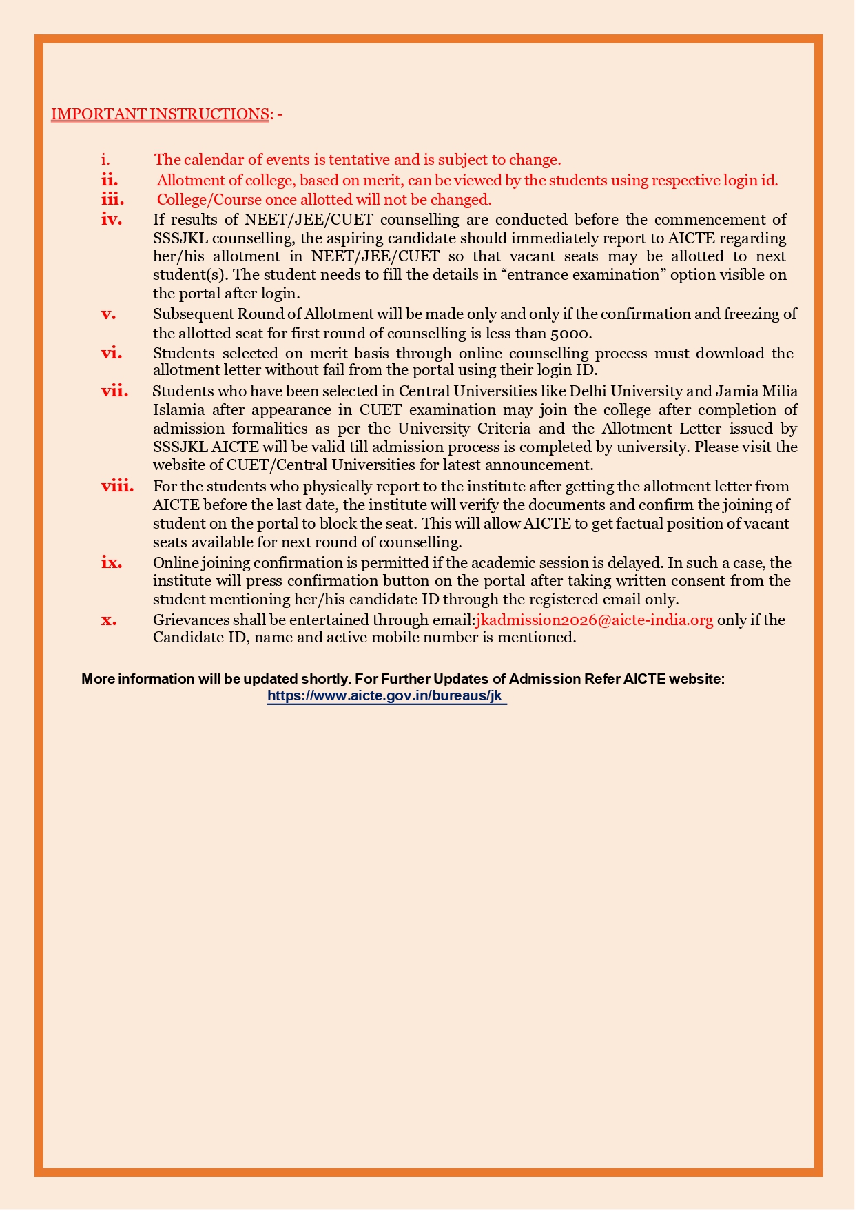 'SPECIAL SCHOLARSHIP SCHEME FOR THE UTs OF J&K AND LADAKH COUNSELING SCHEDULE FOR ACADEMIC SESSION 2026-27 Under Graduate Admission (Calendar of Event for AY 2026-27)'
